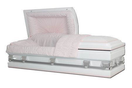 a white coffin with a pink lining is open and sitting on a white surface .
