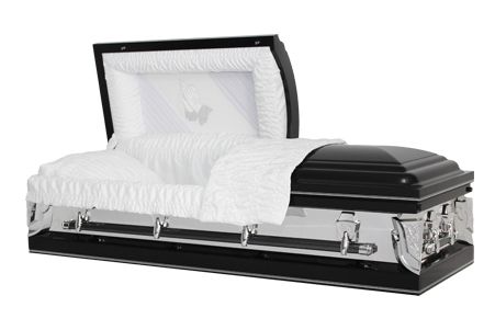 a black and silver coffin with the lid open on a white background .
