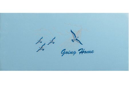a blue envelope with birds and the words going home written on it