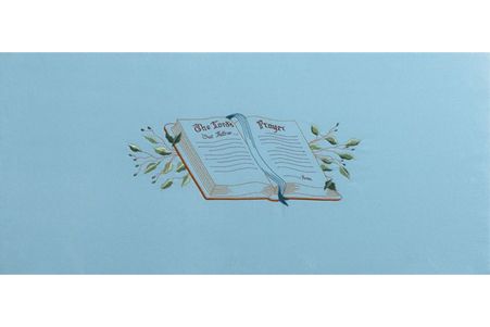 a painting of an open book with leaves on a blue background .