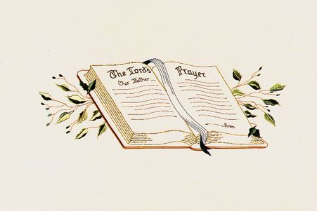 a cross stitch pattern of an open bible with a feather pen and leaves .