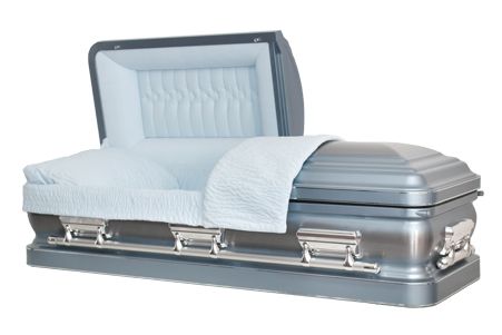 a silver coffin with the lid open and a light blue lining