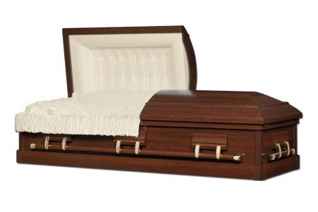 a gray and white coffin with the lid open on a white background .
