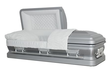 a silver coffin with the lid open and a white blanket on it