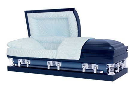 a blue coffin with the lid open and a white blanket