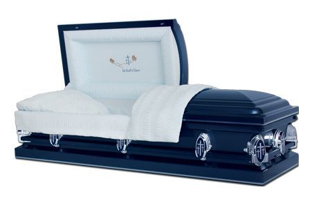 a blue coffin with the lid open and a white blanket on it