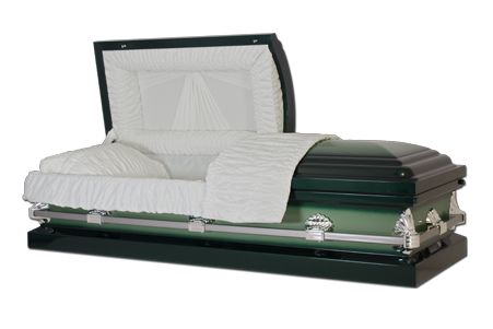 a green coffin with the lid open on a white background
