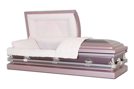 a pink coffin with the lid open and a white blanket on it