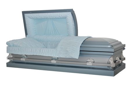 a blue coffin with the lid open on a white background .
