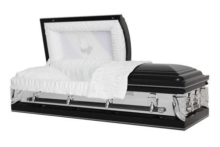 a black and silver coffin with the lid open