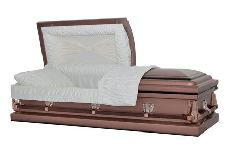 a copper coffin with the lid open and a white blanket on it .