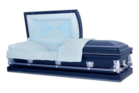 a blue coffin with the lid open and a blue blanket on it .