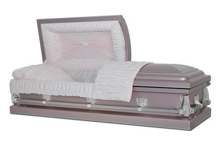 a pink metal coffin with the lid open on a white background .