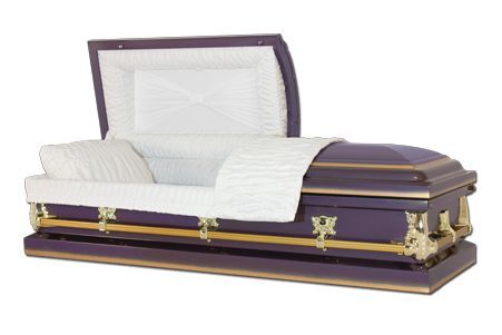 a purple and gold coffin with the lid open