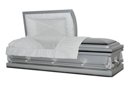 a gray and white coffin with the lid open on a white background .