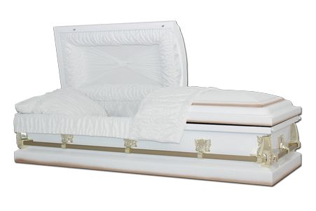 a white coffin with the lid open on a white background