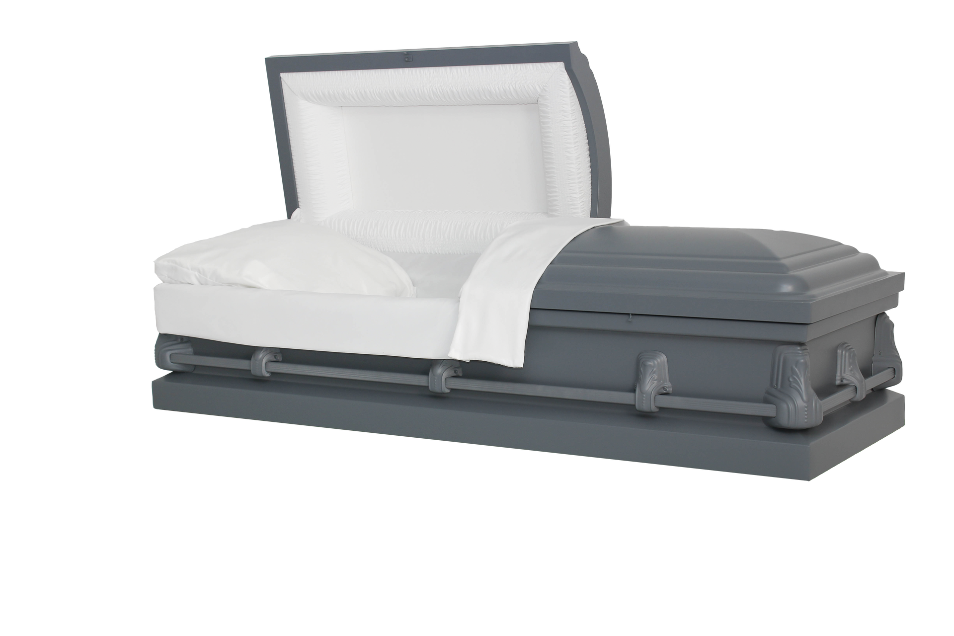 a gray and white coffin with the lid open on a white background .