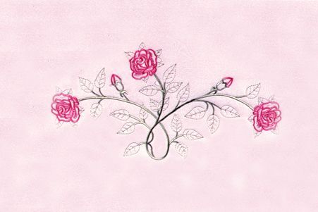 a drawing of a branch with pink roses and leaves on a pink background .
