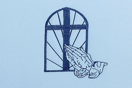 a drawing of praying hands and a cross on a blue background