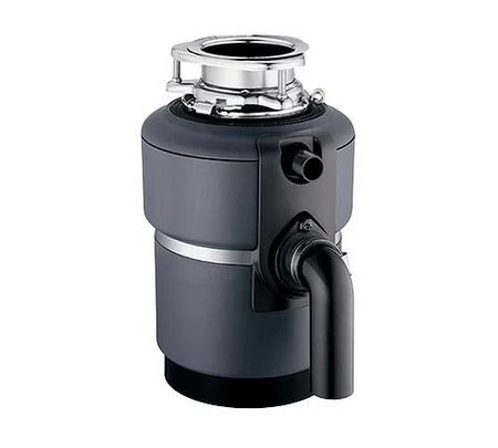 A black garbage disposal with a handle on a white background.