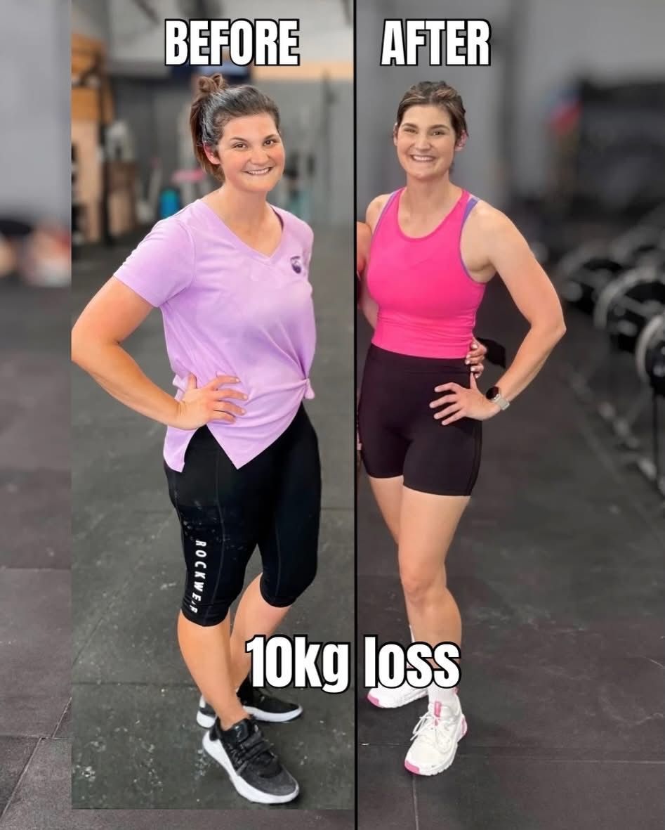 Before-and-after fitness transformation in a gym, showing 10kg weight loss.