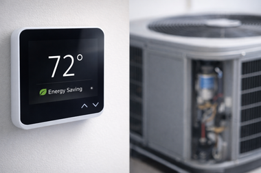 Wall thermostat showing 72° beside an outdoor air conditioner unit