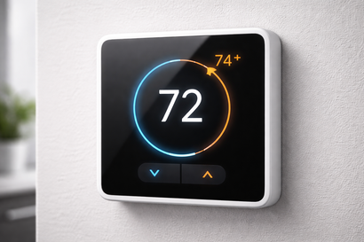 Wall-mounted digital thermostat showing 72° with blue and orange temperature ring