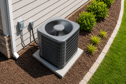 Outdoor air conditioner unit beside a house with mulch bed and shrubs
