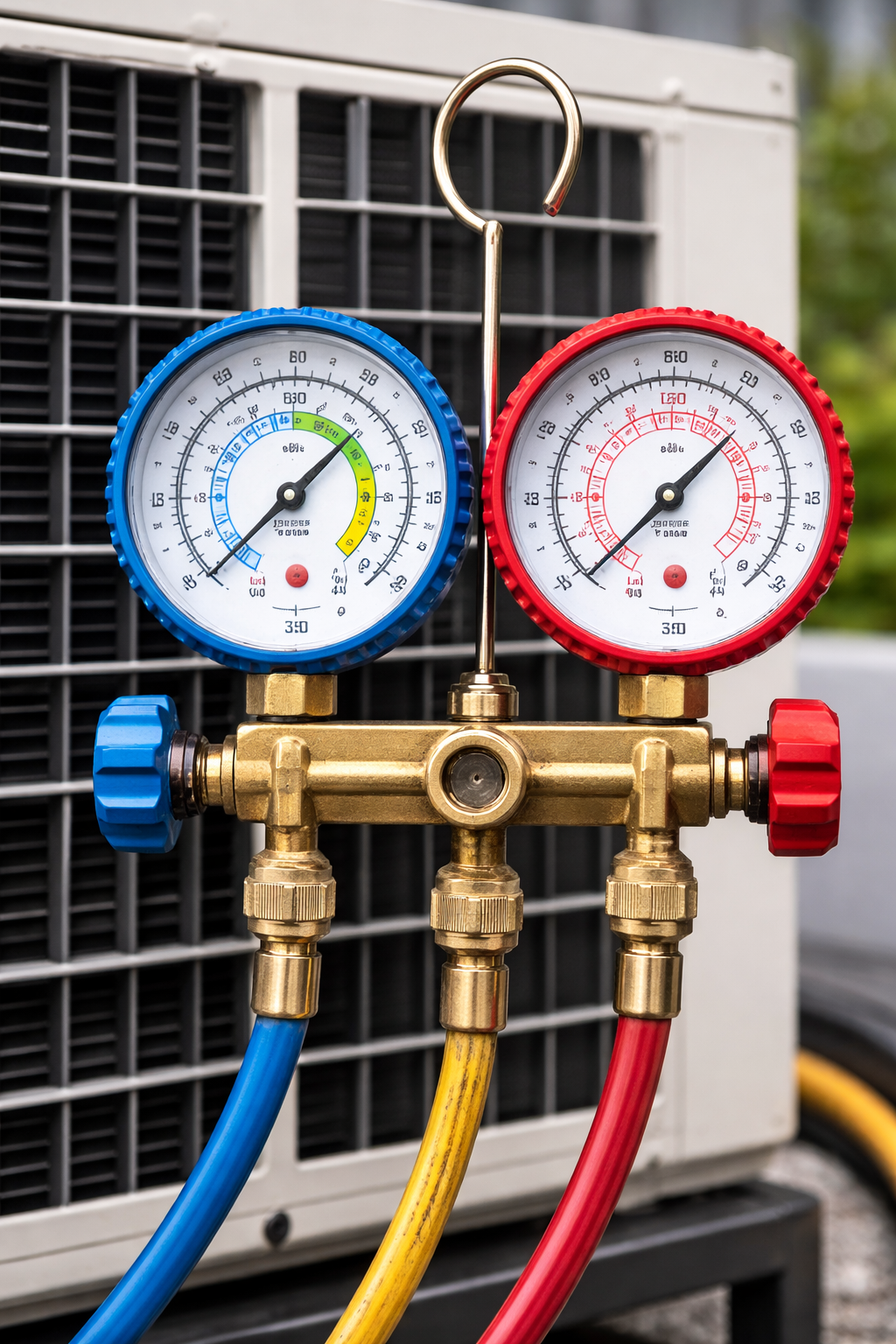 Blue and red gauges on a brass manifold with colored hoses in front of an HVAC unit