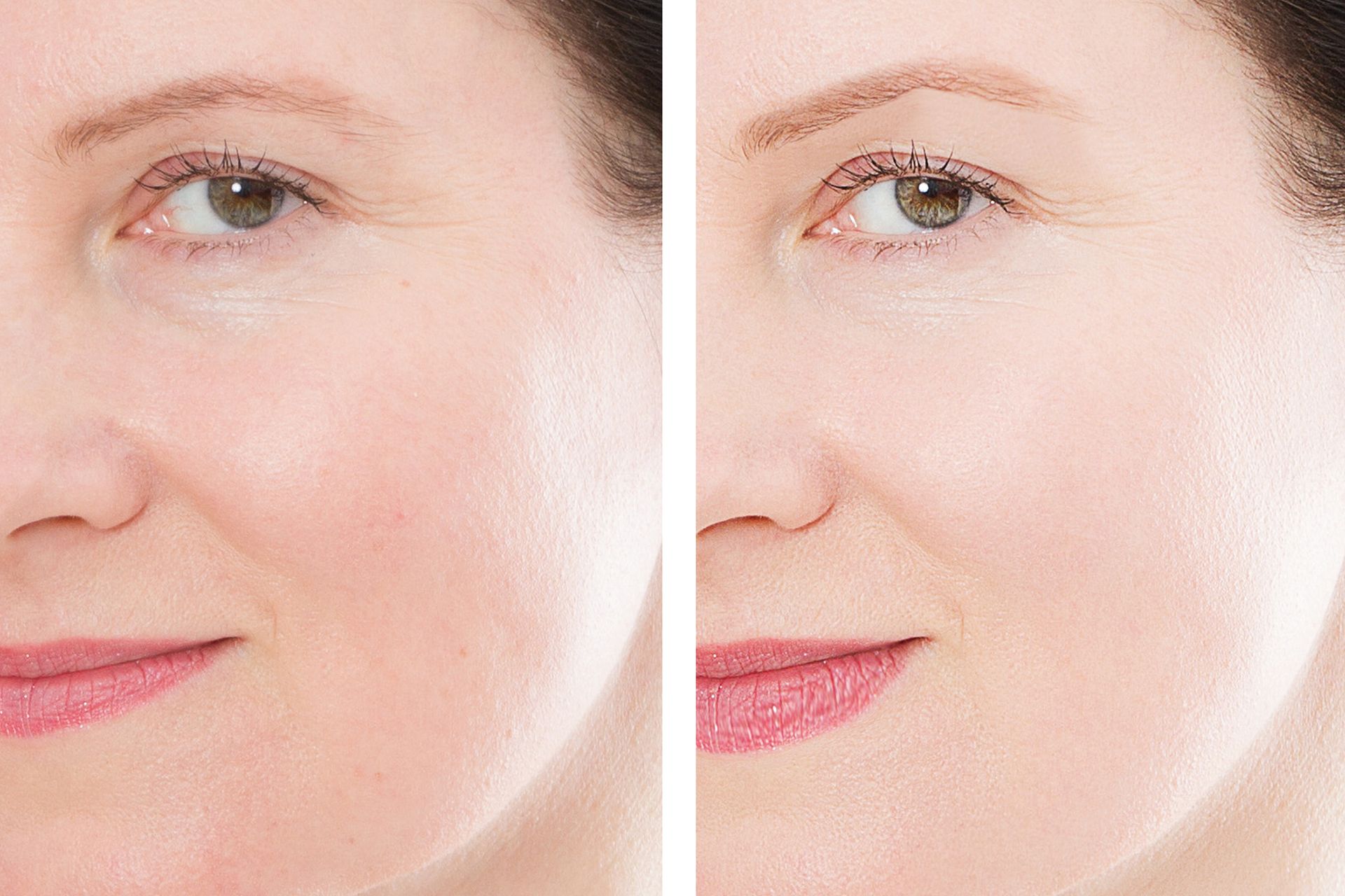 A before and after photo of a woman 's face with and without makeup.