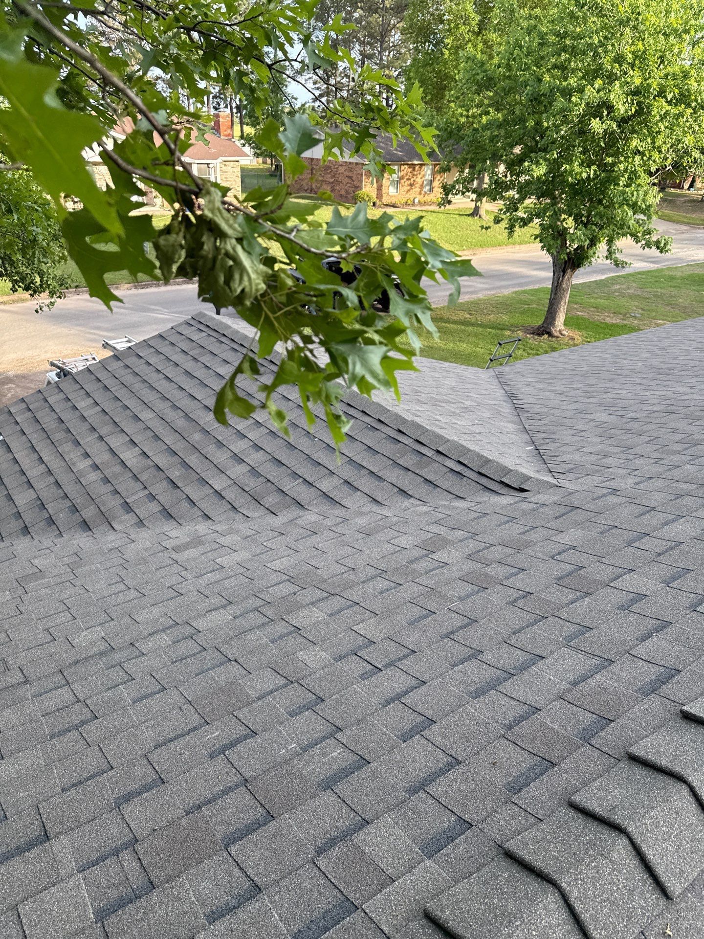 A close up of a roof with a tree in the background.