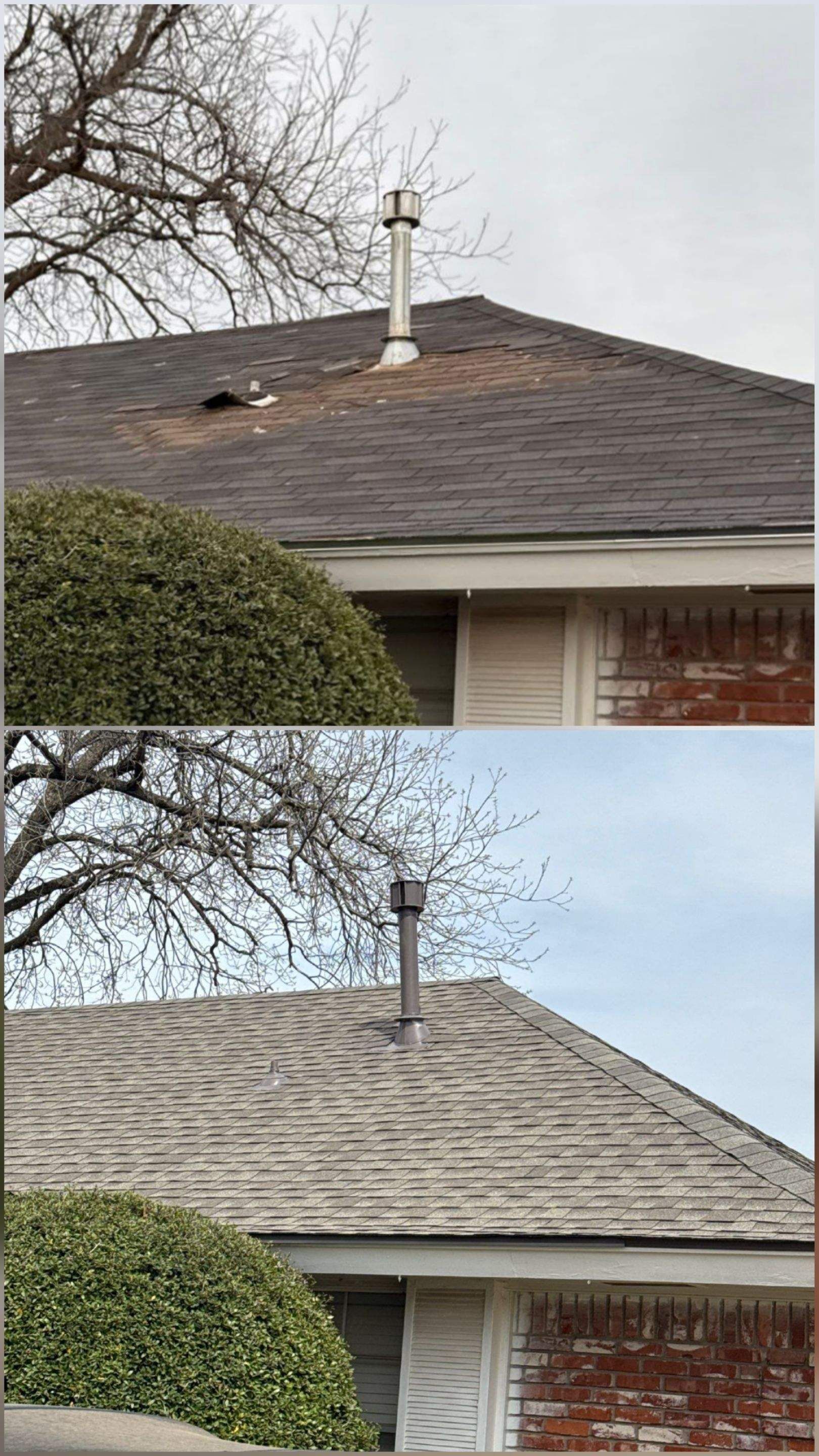 A before and after picture of a roof with a chimney on top of it.
