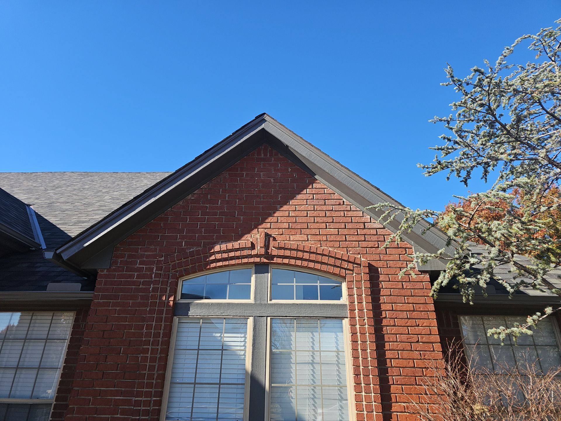 A brick house with a window and a tree in front of it