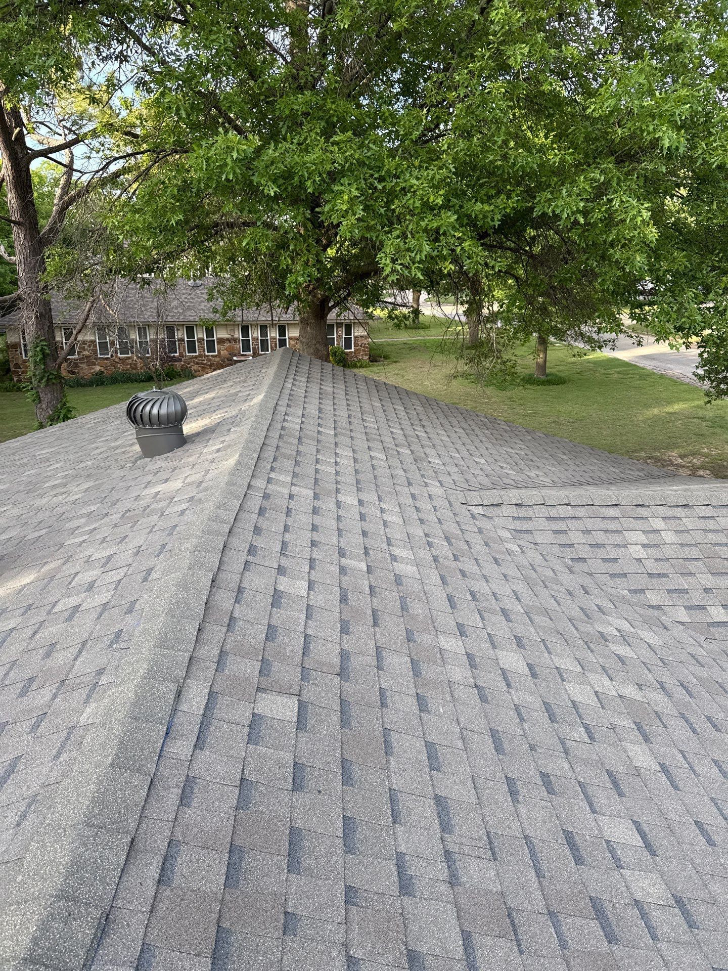 A roof with a tree in the background and a house in the background.
