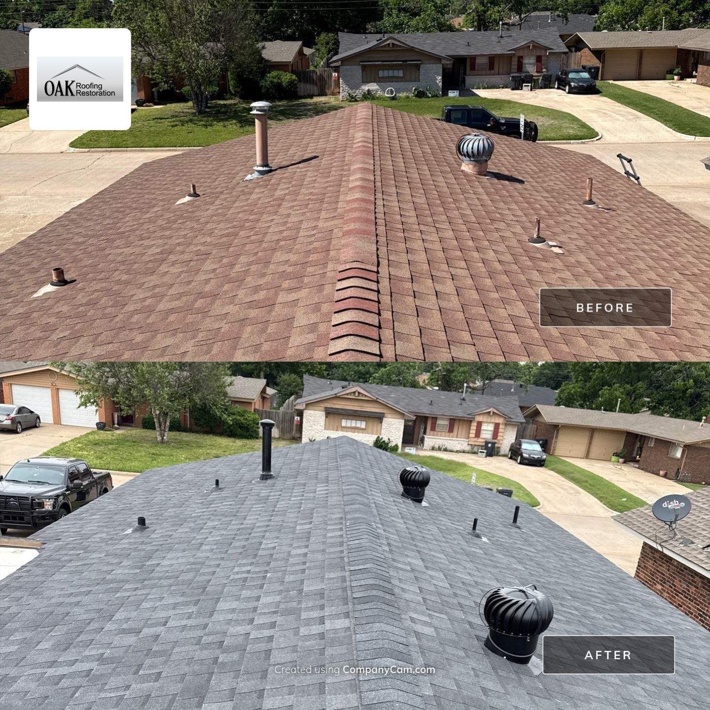 An aerial view of a roof being repaired.