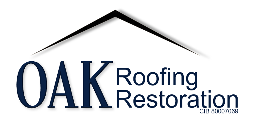 A logo for oak roofing restoration with a roof in the background