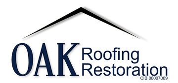 A logo for oak roofing restoration with a roof in the background