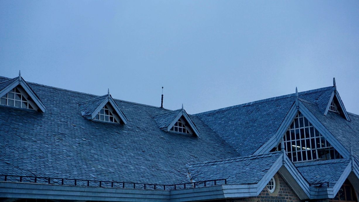 The roof of a building with a blue sky in the background.