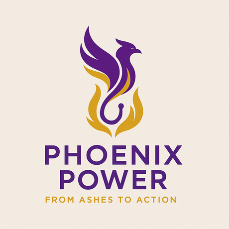 Purple phoenix rising from gold flames; text reads 