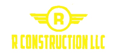 The logo for r construction llc is yellow and has a r in a circle with wings.