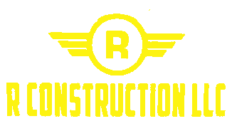 A yellow logo for r construction llc with a r in a circle with wings.
