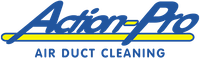 Logo for "Action-Pro Air Duct Cleaning" with blue text and a yellow underline.