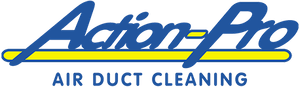 Logo for "Action-Pro Air Duct Cleaning" with blue text and a yellow underline.