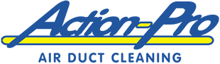 Logo for "Action-Pro Air Duct Cleaning" with blue text and a yellow underline.