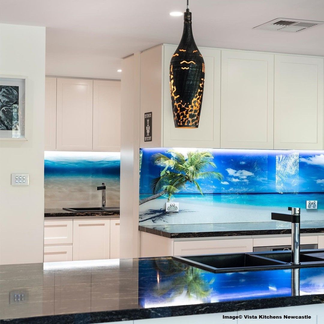 A Kitchen With a Picture of a Beach on the Back Wall — DecoGlaze in Randwick, NSW