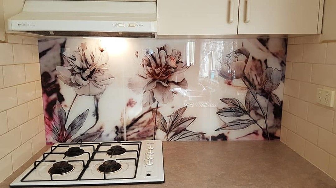 A Kitchen With a Stove Top Oven and a Floral Backsplash — DecoGlaze in Drummoyne, NSW
