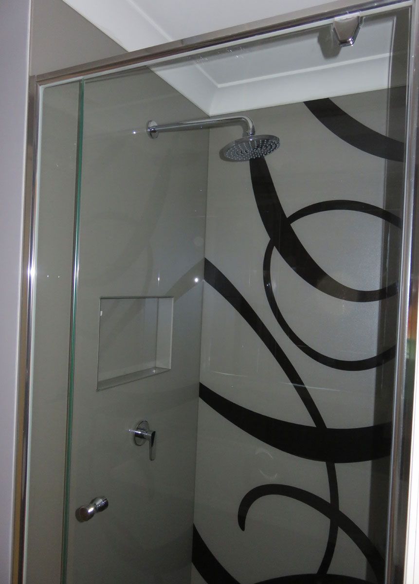 A Shower With a Black and White Design on the Wall — DecoGlaze in Minchinbury, NSW