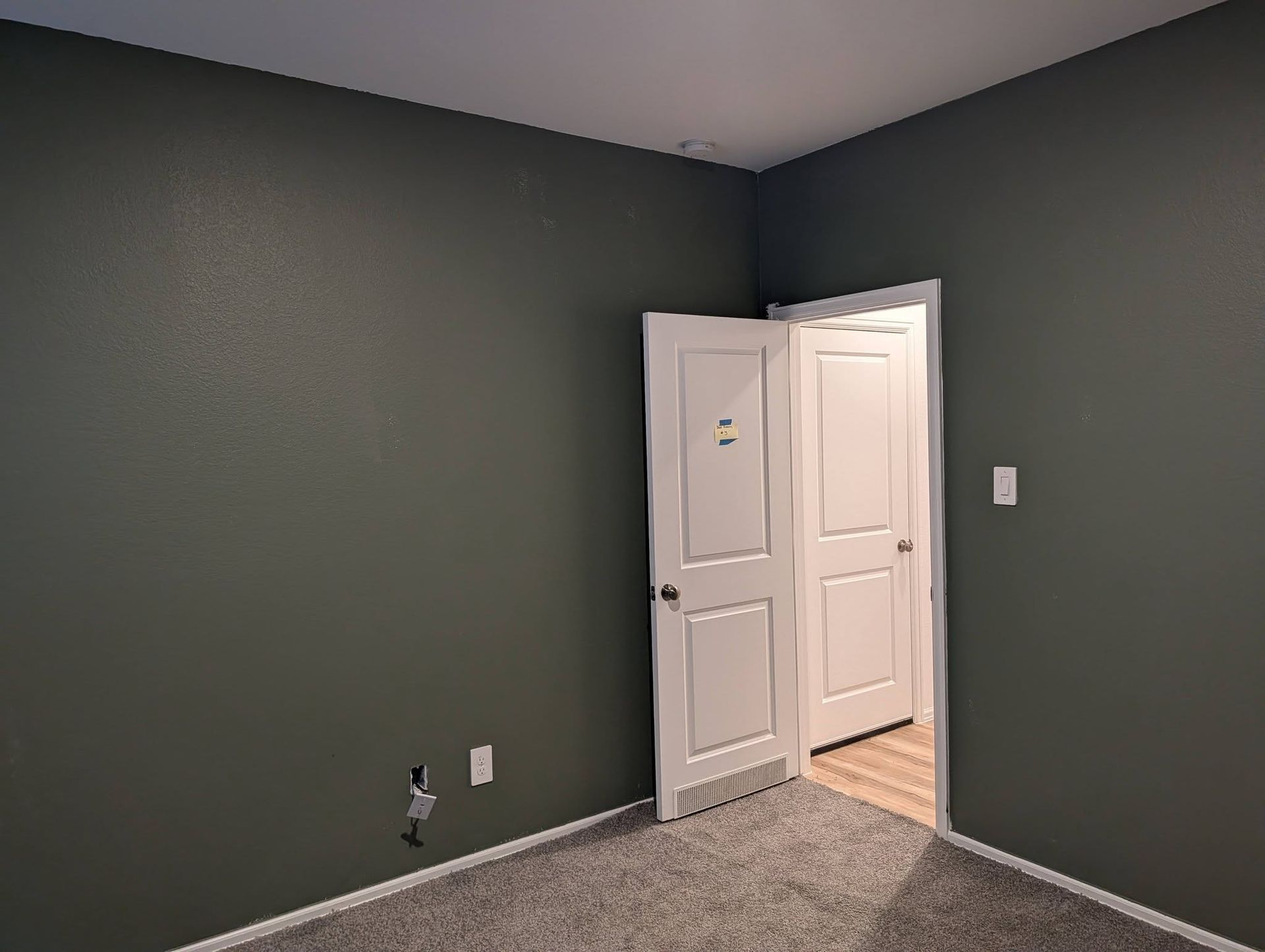 A bedroom with dark gray walls, gray carpet, and an open white door leading to a hallway with light-colored flooring.