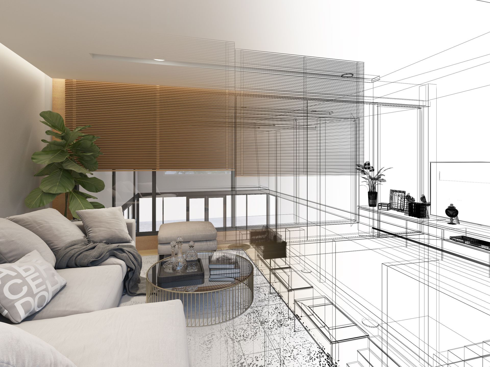 Soggiorno, vista divisa: colore a sinistra, disegno lineare a destra, che mostra mobili e decorazioni.