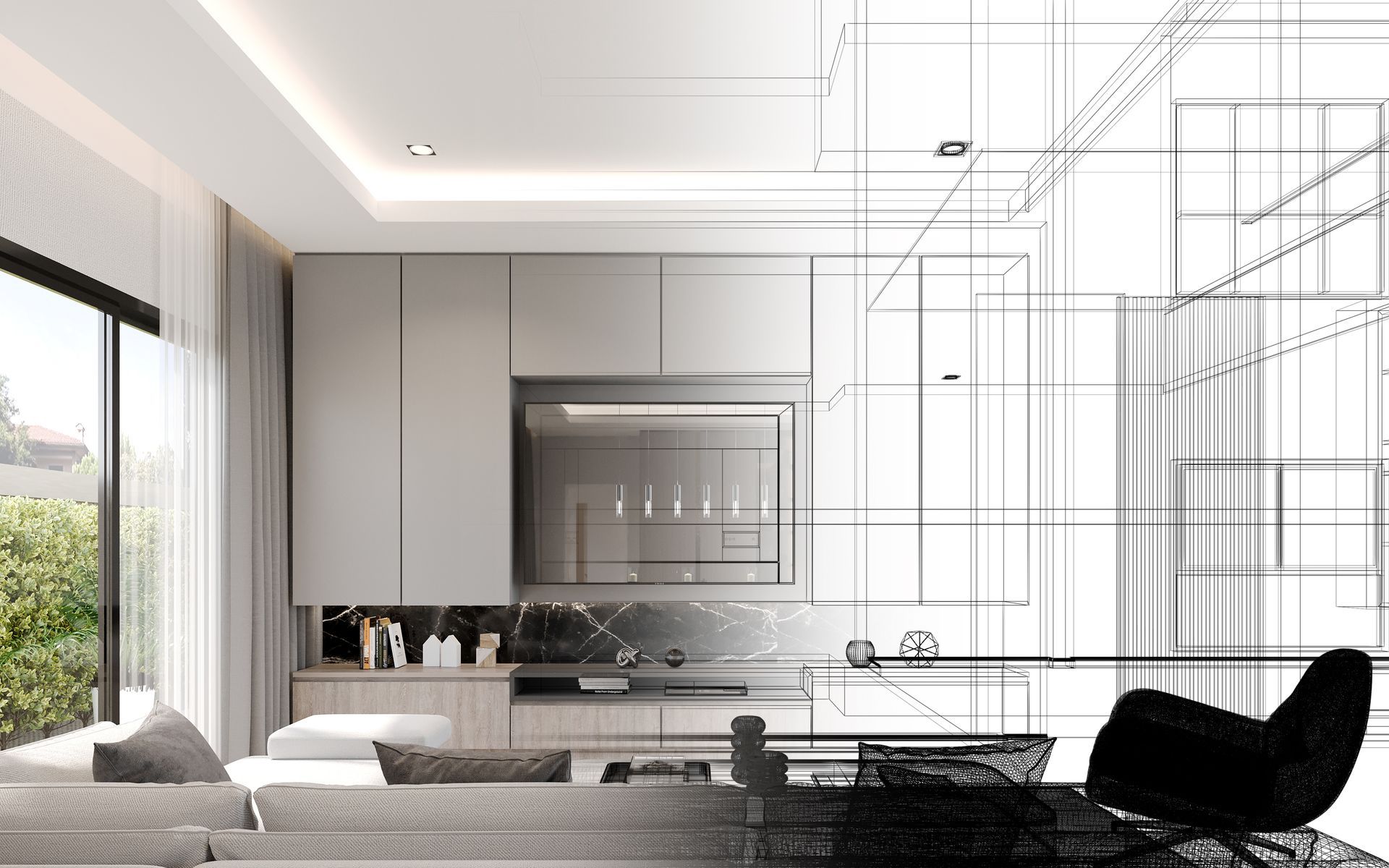 Rendering del design del soggiorno, completato a metà con wireframe, con TV, divano e finestre.